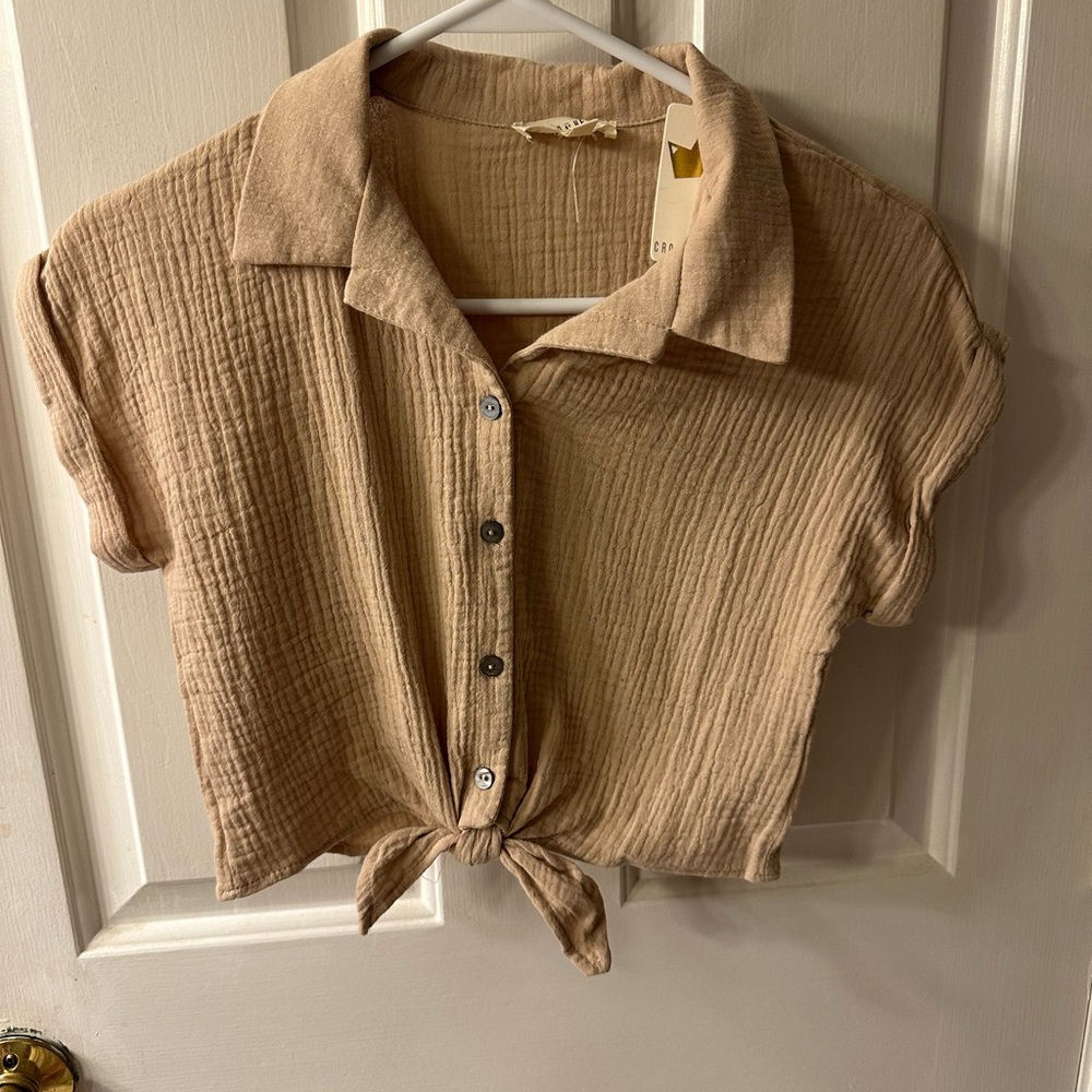 Beige Button-Up Top and Shorts Set by crown hearts